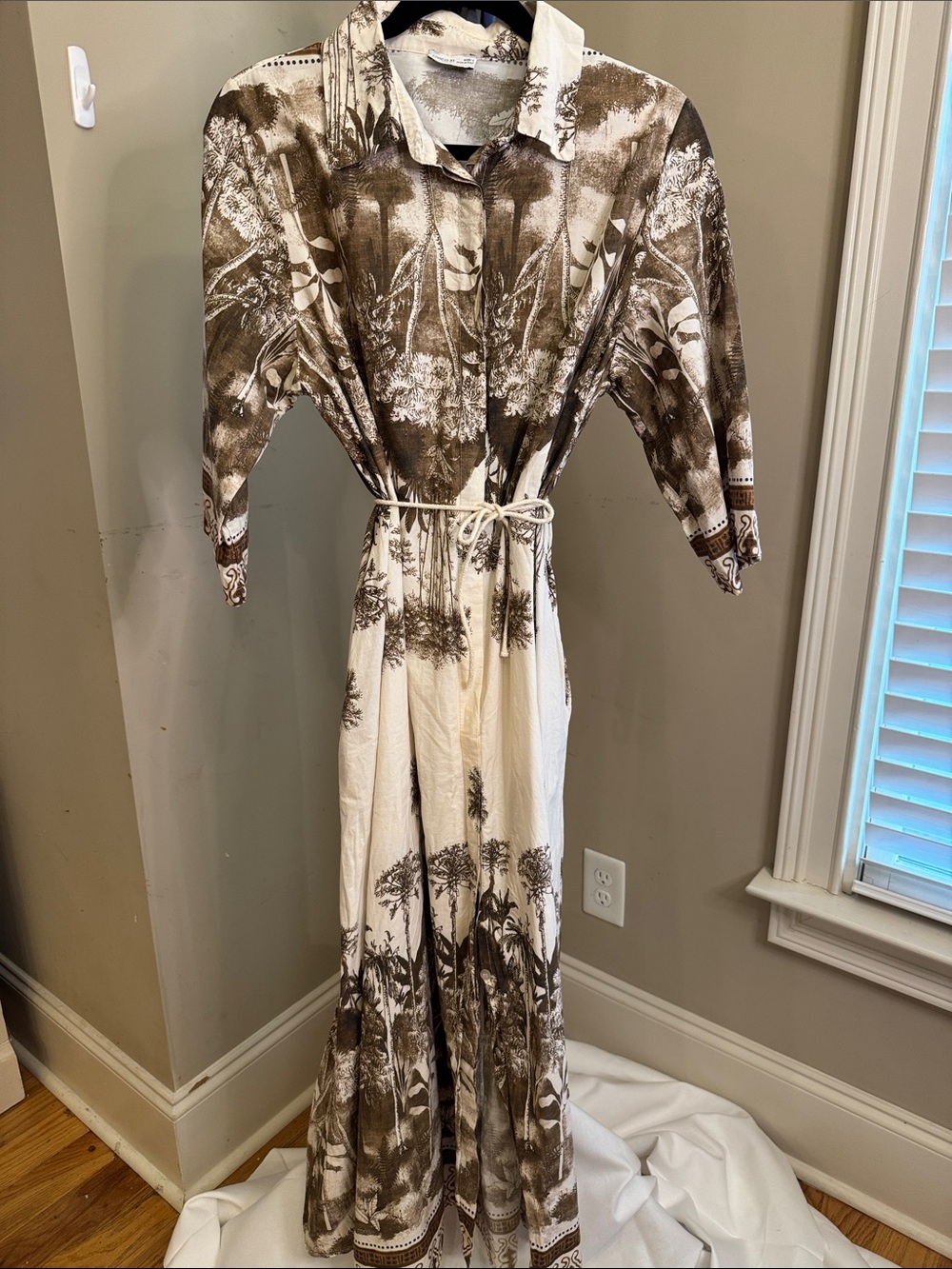 Button-Front Maxi Shirt Dress in Brown and Cream